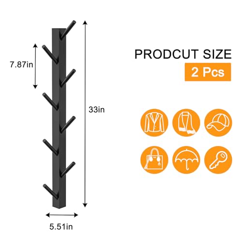 TIOPGHAD 2-Pack Wood-Wall-Mounted-Coat-Hooks, Bamboo Vertical Coats Rack Holder Hanger with 8 Hooks Entryway Hanging Wooden Racks for Hanging Jacket Coat Hat in Entryway Office Bathroom(Black)