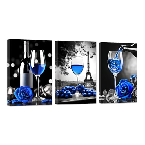 DOARTDO 3 Piece Wine Wall Art Black and White With Blue Kitchen Painting Wine Rose Prints Eiffel Tower Canvas Pictures Dining Room Home Decor (11x14inchx3P, Blue)