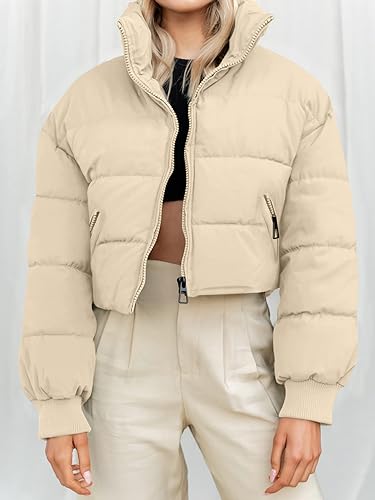 MEROKEETY Women's Winter Cropped Puffer Jacket Long Sleeve Oversized Stand Collar Zip-Up Short Down Coat