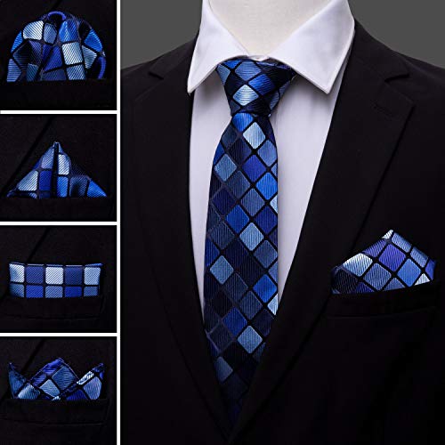 YOHOWA Men Tie Clip Set Plaid Silk Necktie Pocket Square Cufflinks Formal Business Wedding Prom