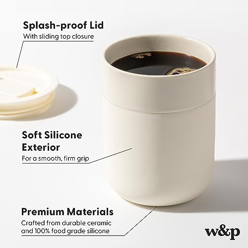 W&P Porter Travel Coffee Mug with Protective Silicone Sleeve | 12 Ounce Blush | Reusable Cup for Coffee or Tea | Portable Ceramic Mug with BPA-Free Press-Fit Lid | Dishwasher Safe | On-the-Go