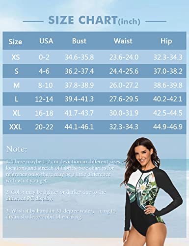 SELINK Women's Long Sleeve Rash Guard UV Protection Zipper Printed Surfing One Piece Swimsuit Bathing Suit Coconut Palm Tree-M