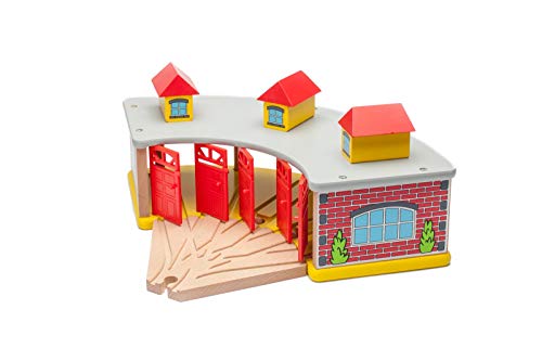 maxim enterprise, inc. Wooden Train Round House with 5-Way Switch Track for Kids, Wood Train Shed with 5 Doors. Houses 5 Engines & Cars, Compatible with Major Brand Wooden Railways