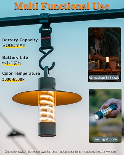 LED Lantern, Rechargeable Flashlight, 2000mAh Camping Lantern, 3 Lighting Modes, Dustproof and Splashproof, Suitable for Outdoors, Solo Camping, Fishing (Black)