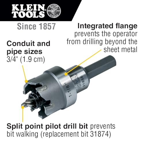Klein Tools 31856 Heavy Duty Hole Cutter, 1-1/8-Inch Carbide Hole Cutter Cuts Stainless Steel, Mild Steel, Iron, and Copper