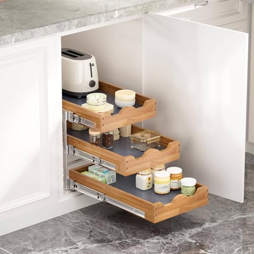 OCG 2 Tier Pull Out Drawers For Cabinets, Double Tier Slide out Wood Cabinet Organizer, Pull Out Shelves for Base Cabinet Organization in Kitchen, Pantry, Bathroom