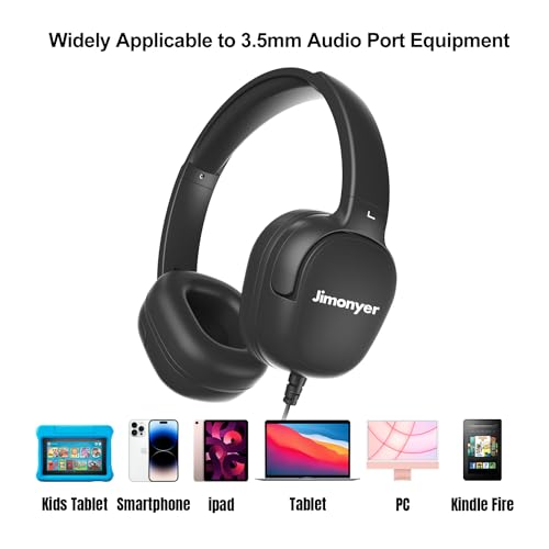 Jimonyer Kids Headphones for School, 3.5mm Jack Wired Headphones for Kids with Safe Volume Limiter, HD Stereo Sound On-Ear Girls Boys Toddler Headphones for Tablet, iPad, Kindle(Black)