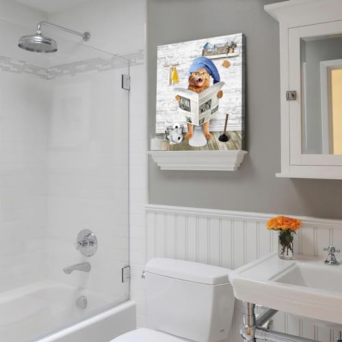 Funny Bathroom Decor Wall Art Cute Cat Sitting on the Toilet Reading Newspaper Bathroom Pictures Wall Decor Humor Animals Bathroom Canvas Prints Framed Artwork for Bathroom Bedroom Decor 12"x16"