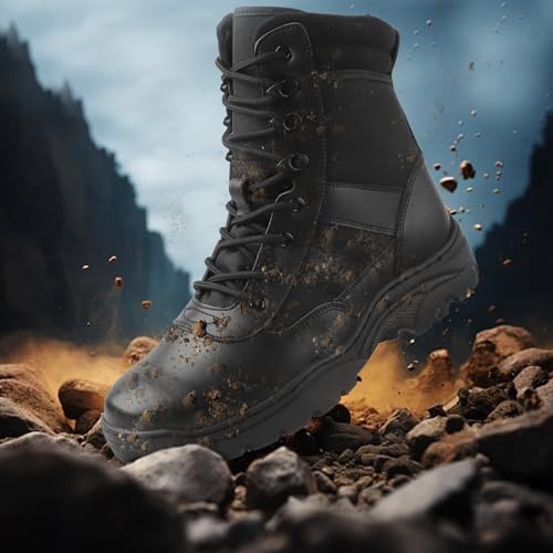 QUNLON Men's Tactical Boots Military Boots for Men Side Zipper Combat Motorcycle Boots Lightweight Army Work Boots 8'' Duty Boots Black Leather Police Boots-6.5US