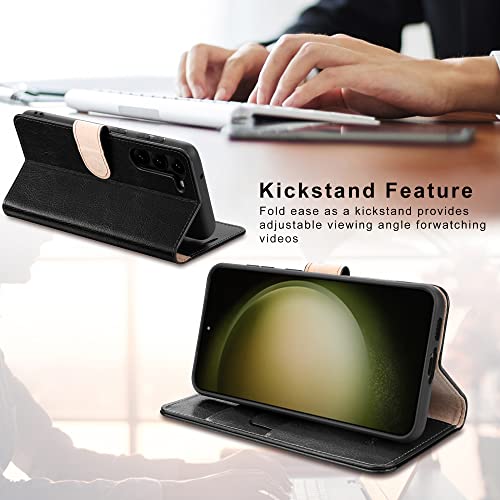 Belemay for Samsung Galaxy S23 Wallet case-Genuine Leather Protective Flip Cover-RFID Blocking Credit Card Holder-Kickstand Book Folio Phone Case Women Men Compatible with Samsung S23 (5G 6.1")-Black