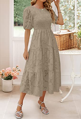ZESICA Women's 2024 Summer Short Puff Sleeve Crewneck Smocked Floral Lace Flowy A Line Tiered Maxi Dresses,Red,Medium