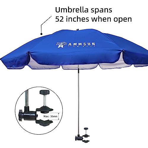AMMSUN XL Chair Umbrella with Universal Clamp 52 inches and 360-degree Swivel UPF 50+, Portable Clamp on Camping or Beach Chair, Stroller, Wheelchair, Golf cart, Blue, Large-sized
