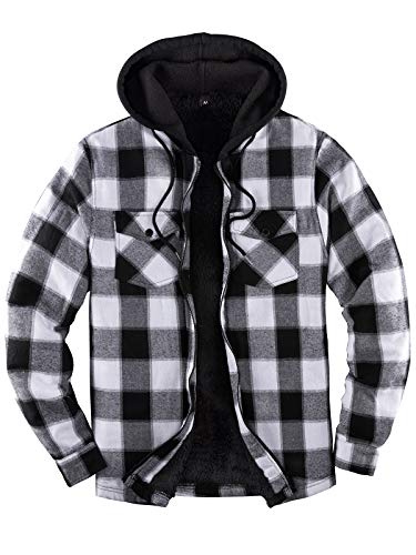 ZENTHACE Hooded Flannel Jacket with Hood Men Sherpa Fleece Lined Full Zip Up Flannel Hoodie Shirt Jacket Coat Fall Navy/White S