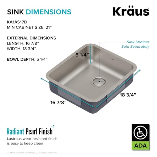 KRAUS Dex 17-inch Undermount 16 Gauge Stainless Steel Single Bowl ADA Kitchen Sink, KA1AS17B