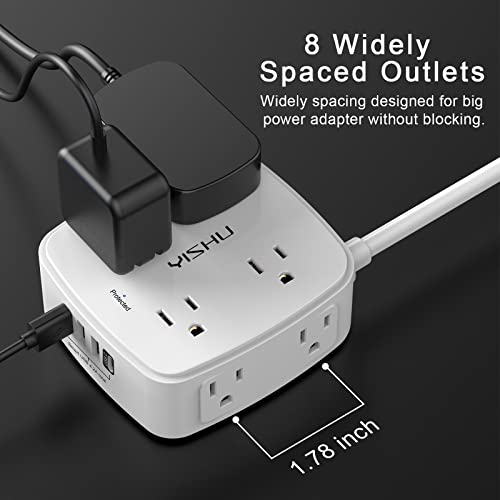 6 Ft Surge Protector Power Strip - 8 Widely Outlets with 4 USB Ports, 3 Side Outlet Extender with 6 Feet Extension Cord, Flat Plug, Wall Mount, Desk USB Charging Station, ETL,Black