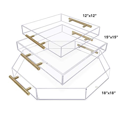 Isaac Jacobs Clear Acrylic Serving Tray (12x12) with Gold Metal Handles, Spill-Proof, Stackable Organizer, Food & Drinks Server, Indoors/Outdoors, Lucite Storage Décor (12x12, Clear with Gold Handle)