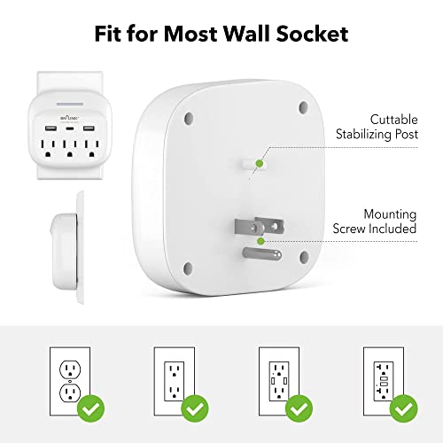 BN-LINK Multi Plug Outlet Extender with 3 Outlets and 3 USB Ports, 3 AC Outlet Splitter with 3 USB Ports (1 USB C), Wall Charger Adapter for Dorm, School, Travel, Office, Home, Travel, 1 Pack