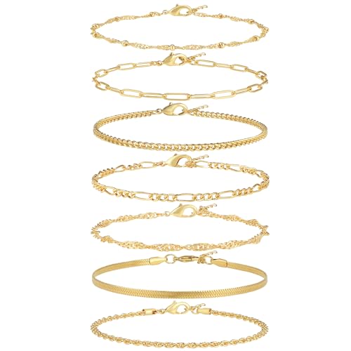 Reoxvo Gold Bracelets for Women,Dainty 14K Gold Plated Brass Chain Link Bracelet Set for Women Trendy Stack Bracelets Jewelry for Women