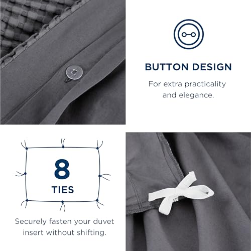 Bedsure Cooling Waffle Duvet Cover Queen - Cotton Blend Rayon Derived from Bamboo Duvet Cover Ser for Hot Sleepers, Breathable Bedding Set with a Vintage Charm, 3 Pieces (Charcoal, Queen, 90"x90")