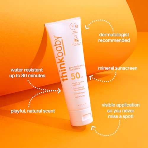 Thinkbaby SPF 50+ Baby Mineral Sunscreen – Safe, Natural Sunblock for Babies - Water Resistant Sun Cream – Broad Spectrum UVA/UVB Sun Protection – Vegan Baby Sunscreen Lotion, 3 Oz.