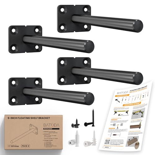 BATODA 6” Solid Steel Floating Shelf Bracket (4 pcs) - Blind Shelf Supports - Hidden Brackets for Floating Wood Shelves - Wall Mounted Support for DIY - Shelving Mounting Hardware Included