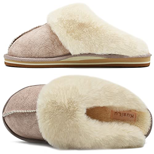 KuaiLu Womens Slippers, Fluff Dual Memory Foam Slippers Ladies Cozy Arch Support Warm Scuff Slippers Slip on Comfy Winter House Shoes with Non-Slip Indoor Outdoor Hard Sole New-Beige 6