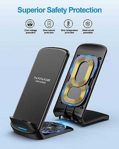 NANAMI Upgraded Fast Wireless Charger, Qi-Certified Wireless Charging Stand Compatible with Samsung Galaxy S25/S24/S23/S22/S21/S20 & Qi Phone Charger for iPhone 16/16 Plus/16 Pro/16 Pro Max/15/14/13