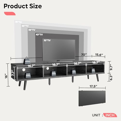 Bestier 70 inch Mid Century Modern Entertainment Center for 75 inch Display, Low Profile with Storage, for Living Room, Cord Management, Black Ash
