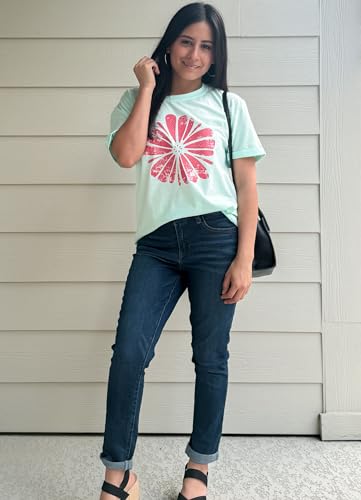 Anbech Women's Sunflower Shirts Cute Flower Graphic Tees Botanical Tshirt Rolled Sleeve Tops (Blue, S)
