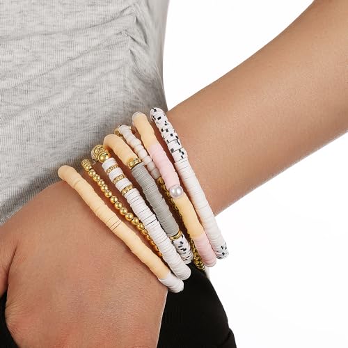 KISS WIFE Surfer Heishi Clay Beaded Bracelets for Women, Summer Beach Jewelry Bohemian Stackable Stretch Friendship Bracelet Set, Trendy Cute Preppy Stuff (9-Apricot Brown Star) (1-Apricot Pink Beads)