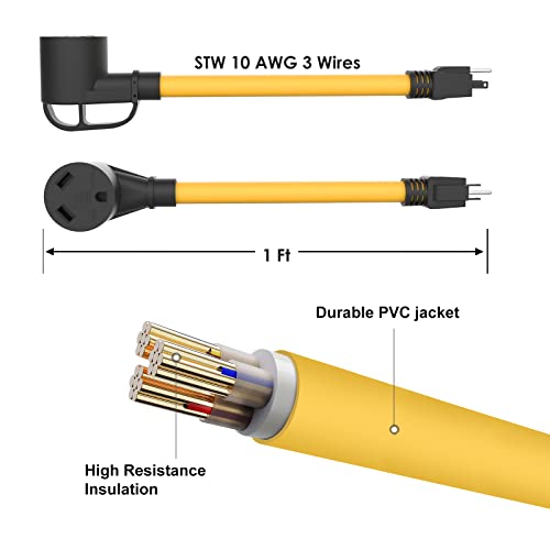 M1A2 30 Amp to 110 RV Adapter Cord, NEMA 5-15P Male to TT-30R Female Electrical Power Dogbone with Grip Handle, Heavy Duty STW 10 Gauge for RV Trailer Camper