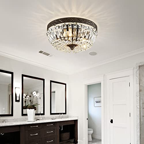 WUZUPS Crystal French Empire Chandelier Semi-Flushmount Ceiling Light Modern Lighting Fixture for Bedroom Hallway Bar Kitchen Bathroom, H 7.3" x W 14.2", Anqitue Black, E12 Base