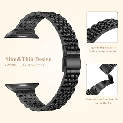 Lerobo Stylish Slim Metal Band Compatible for Apple Watch Bands 44mm 45mm 46mm 49mm 42mm(Series 3/2/1 for Women Dressy Stainless Steel Wristband for iWatch Ultra Series 10 9 8 7 6 5 4 3 2 1 SE,Black