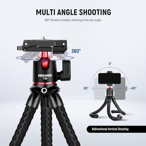 NEEWER Camera Tripod with Remote, Mini Flexible Tripod Stand with Action Camera Mount Adapter for Hero 12 11 10 9, Hidden Phone Holder with Cold Shoe, Vlog Phone Tripod for iPhone, Max Load 4.4lb, T30