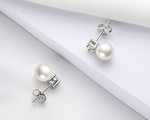DENGGUANG Pearl Stud Earrings June Birthstone Freshwater Cultured 6.5mm Small White Pearl Drop Silver Earrings with Cubic Zirconia Jewelry Gifts for Women