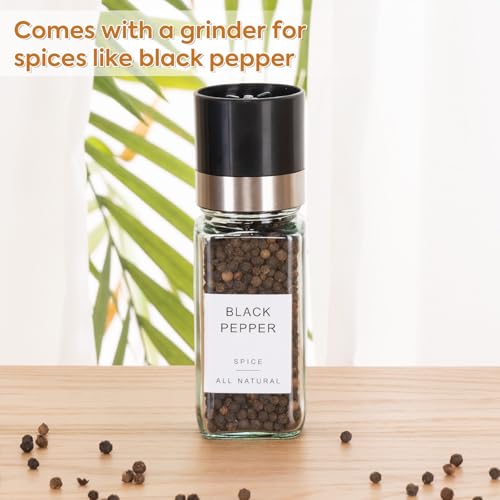 FavorFlavor 24 Pcs Spice Jars with Label, 4.3OZ Thickened Glass Seasoning Jars with Bamboo Lids & Pepper Grinder, Airtight Sealing with Metal Funnel for Easy Refilling, Spice Jars with Shaker Lids