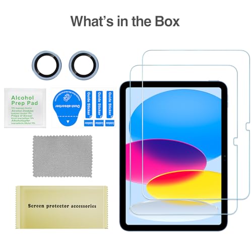 ProCase 2 Pack Screen Protector for iPad 10th Generation + 2 Pack Camera Lens Protector Matching iPad Colors, Tempered Glass Film for iPad 10 10.9 2022 -Blue