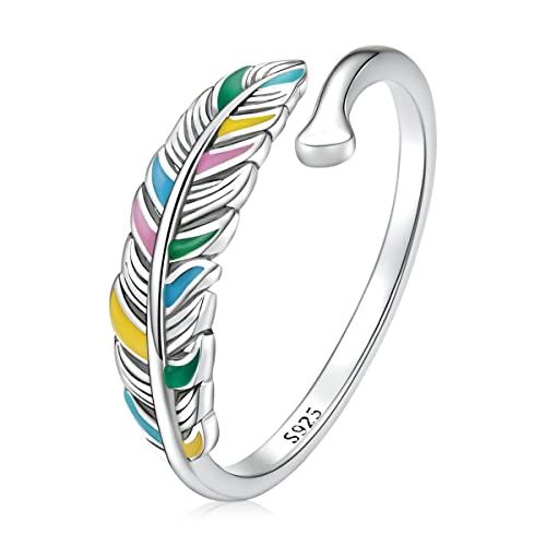 Feather Ring 925 Sterling Silver Adjustable Coloful Plumage Wing Ring for Wife Girlfriend Daughter Mother Sister for Birthday Wedding Anniversary Engagement Feather Angel Wings Open Ring