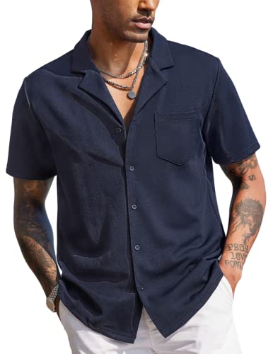 COOFANDY Mens Untucked Short Sleeve Button Up Shirt Wrinkle-Free Business Casual Dress Shirts Stretch Slim Fit Tops Blue