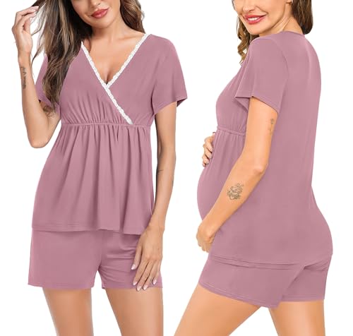 SWOMOG Womens Maternity Nursing Pajamas Set 2PCS Pregnancy Pjs Labor and Delivery Breastfeeding Pajamas After Birth Nursing Pjs Postpartum Lace Sleepwear Short Sleeve Tops & Shorts Black