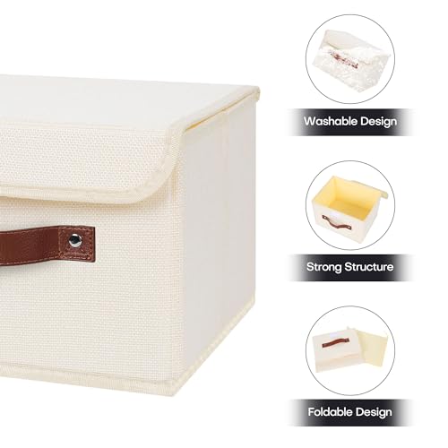 ANMINY 4PCS Storage Bins with Lid PU Leather Handles Storage Boxes PP Plastic Board Decorative Foldable Lidded Cotton Linen Fabric Home Cubes Baskets Closet Organizer Containers - Purple, Large Size
