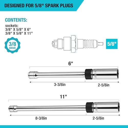 DURATECH 2PCS 5/8" Swivel Magnetic Spark Plug Socket Set, 3/8" Drive Thin Wall Socket Includes 11" Total Length and 6" Total Length with 6-Point, Enhanced Magnetic Head, Cr-V Steel Made