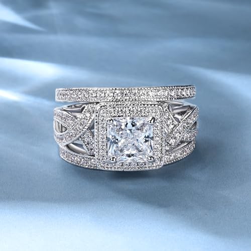MDFUN18K White Gold Plated Cubic Zirconia Three-in-One Square Halo Wedding Engagement Promise Eternity Ring for Women (5)