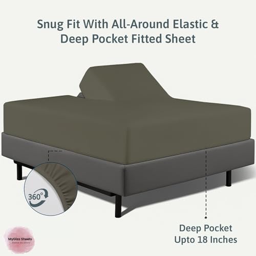 MyGiza Sheets 4 Pcs Top Split King Sheet Sets for Adjustable Bed, 100% Giza Cotton Perfect for Sleep Number Beds, King 34" Down Flex Head, Fits 16" Deep Mattress, Dark Grey Solid