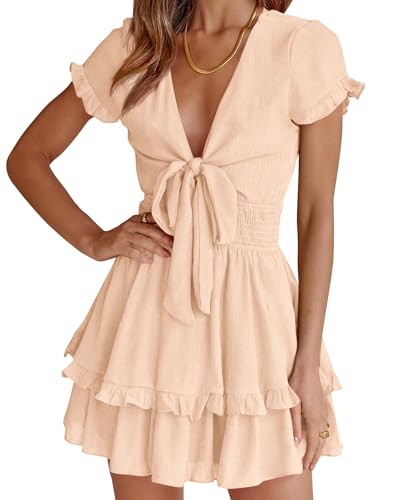 PRETTYGARDEN Women Summer Short Dress 2025 Casual V Neck Short Sleeve Tiered Bow Mini Sun Dresses Beach Vacation Sundress (Rose Red,Small)