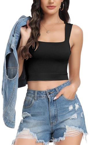 PEIQI Womens Going Out Tank Crop Tops Summer Fashion Outfits Sleeveless Basic Seamless Square Neck Cute Tops Black Small