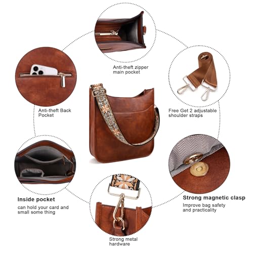HKCLUF Crossbody Bag for Women Trendy Vegan Leather Hobo Handbags Women Fashion Shoulder Bucket Bags Cross-body Purse with 2PCS Adjustable Strap(Dark Brown)