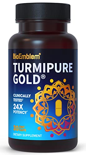 BioEmblem Turmeric Curcumin with Clinically Studied TurmiPure - 1 Small Cap Daily, 24x More Absorption Than Others - Joint Support, Healthy Inflammation Tumeric Supplements - Non-GMO - 30 Servings