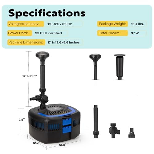 VIVOHOME 4-in-1 Pond Filter System Kits, 950 GPH Water Pump with Filter, Fountain and 13W Light Combo for Ponds up to 1585 Gallons