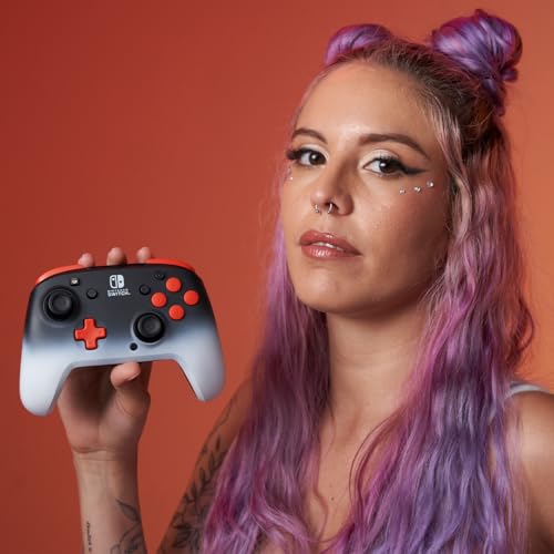 PDP REMATCH Enhanced Wireless Nintendo Switch Pro Controller, Rechargeable 40 hour battery power, Dual Programmable Gaming Buttons, 30-foot Connection, Licensed by Nintendo: Black Fade (Red & Black)